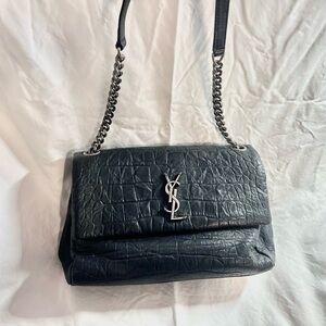 Yves Saint Laurent Black Croc-Embossed Leather Shoulder Bag
